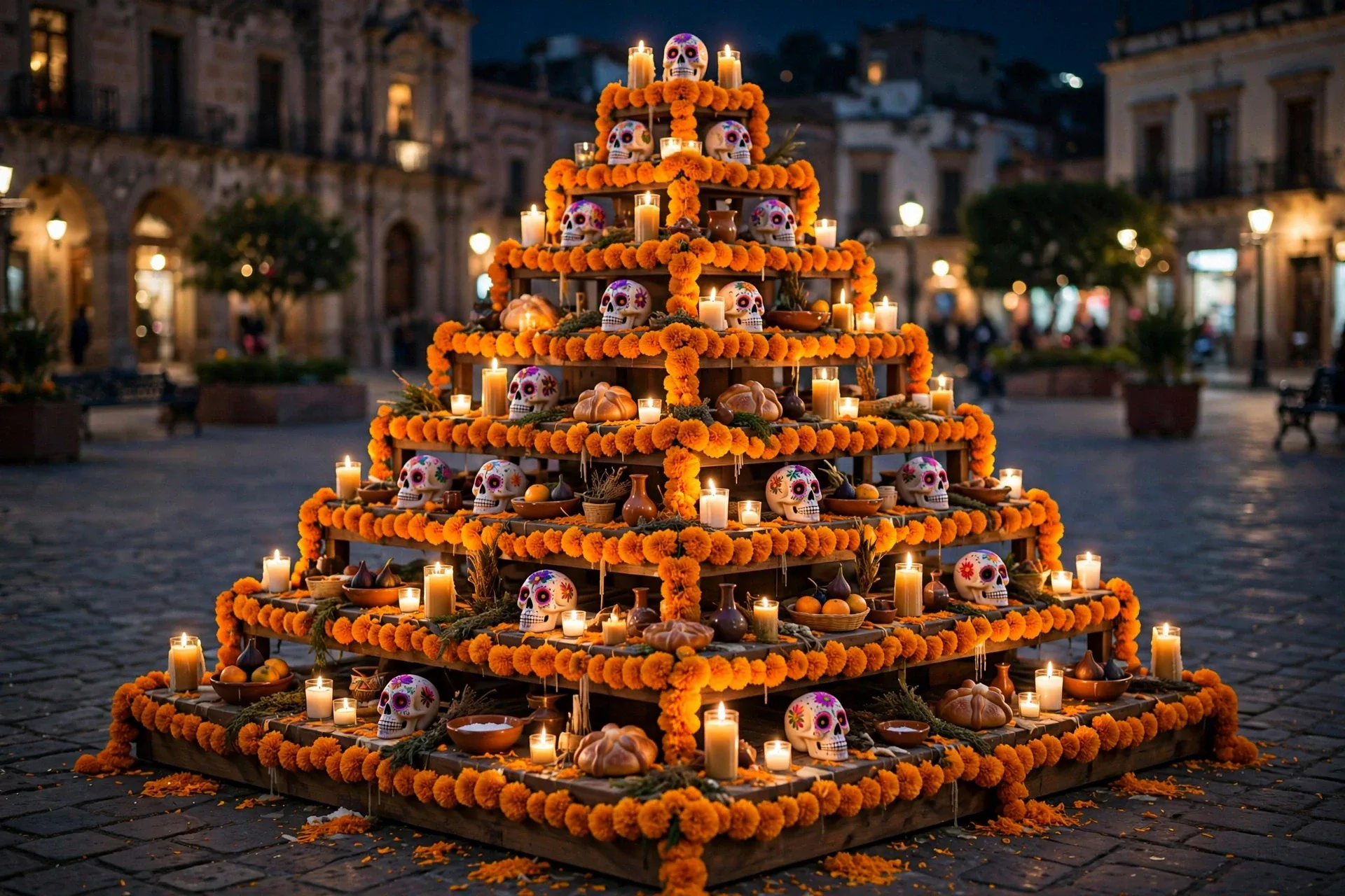 Altar de muertos de siete niveles con cempasúchil, velas y calaveritas de azúcar en una plaza de noche